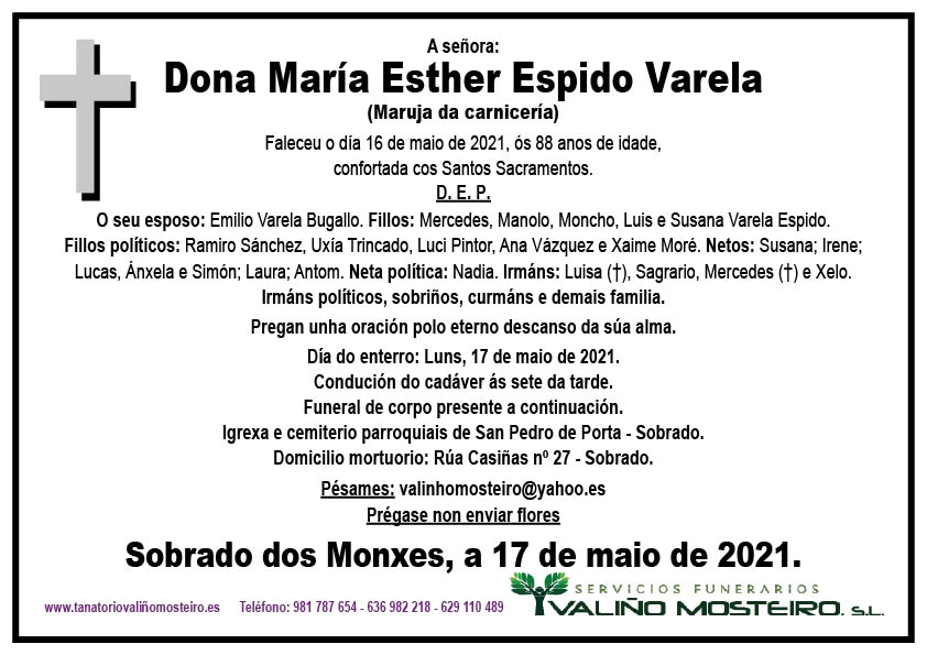 Esquela de María Esther Espido Varela.
